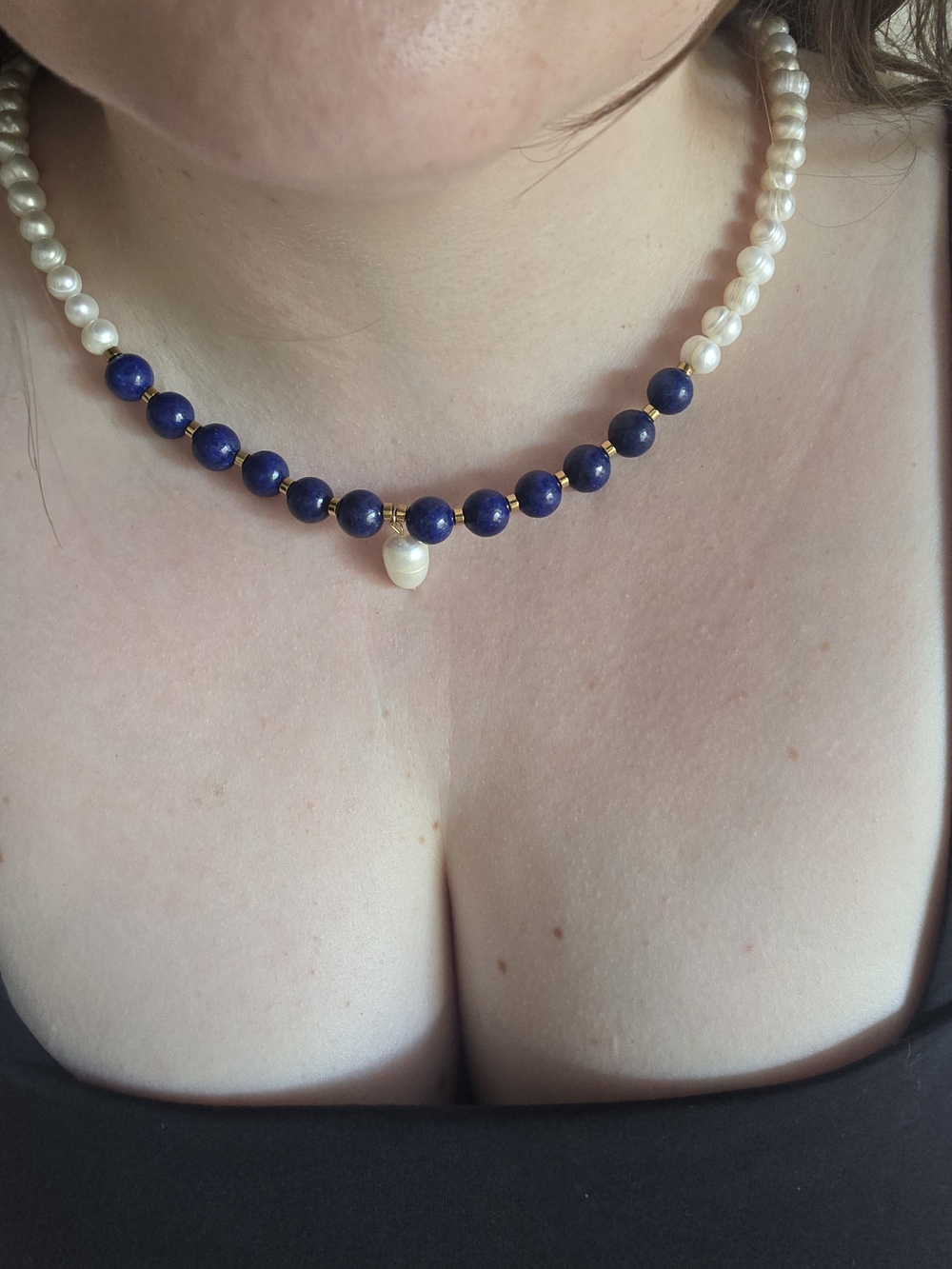 Genuine Blue Lapis and Pearl Necklace With Gold Metal Details!